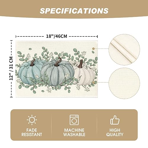 Autumn Fall Placemats Set of 6 12x18 Inches Rectangular Eucalyptus & Pumpkin Decor