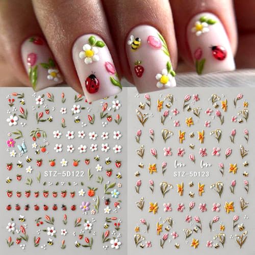 Nail Stickers for Nail Art, 5D Embossed Floral Ladybug Design - 3 Sheets