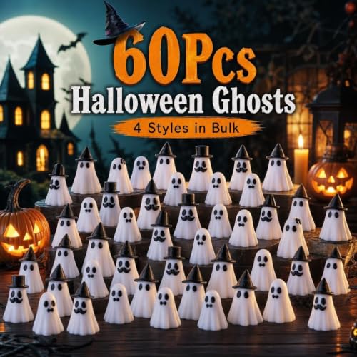 Mini Ghost Figurines Set - 4 Spooky Cute Halloween Decorations, 60 Pieces, Variations Included