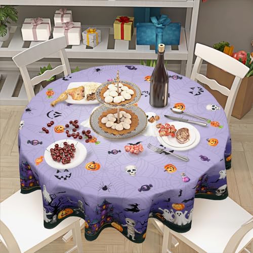 Halloween Round Tablecloth 60 Inch Purple Castle Spooky Decor - Variation: Purple / 60"