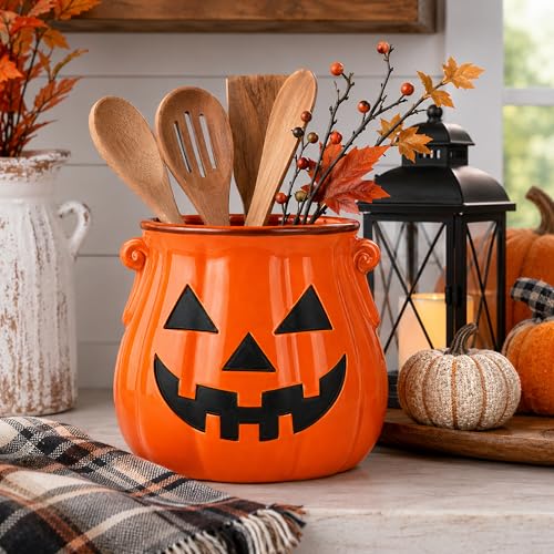 Halloween Ceramic Pumpkin Utensil Holder for Kitchen, Orange Candy Crock