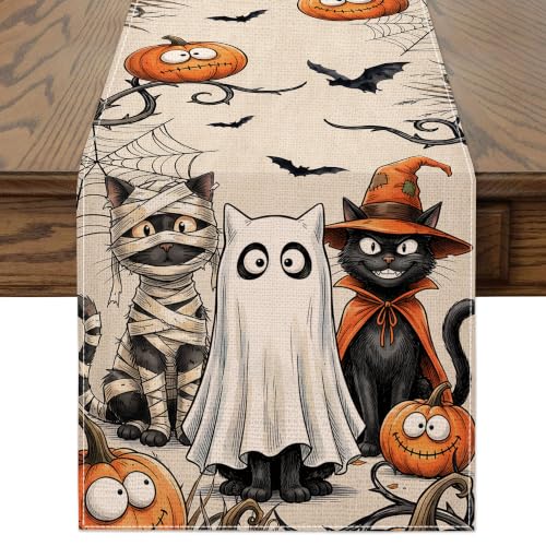 Halloween Table Runner 13x72 inch Spooky Cat Ghost Decor - Variation of Cat Ghost / 13"x72" / 1