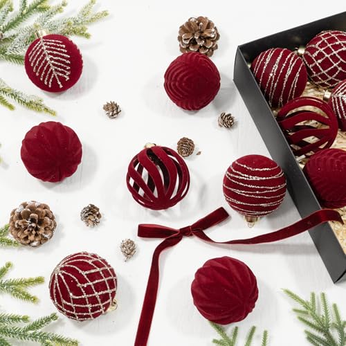 Velvet Christmas Tree Ornaments Bulk Set - Burgundy Flocked Balls, 12 Pieces