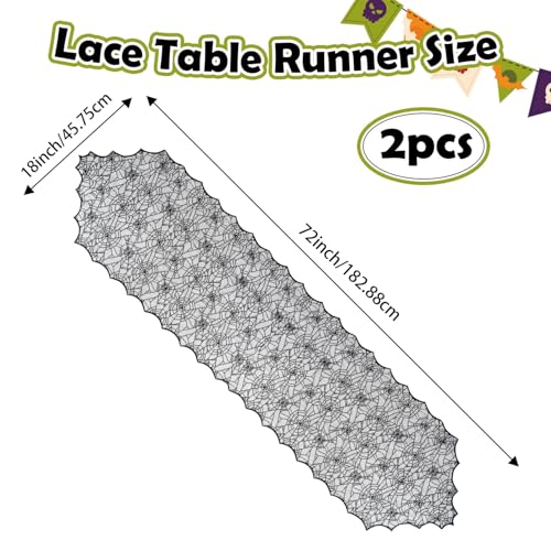 Halloween Lace Spider Web Table Runner 2 Pack 18x72 Inch Black Gothic Decor