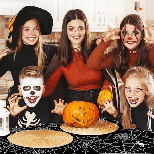 Halloween Spider Web Plastic Tablecloth - Black & White Cobweb Pattern, 54x108 Inches, Disposable for Indoor Outdoor Party Decor - Black