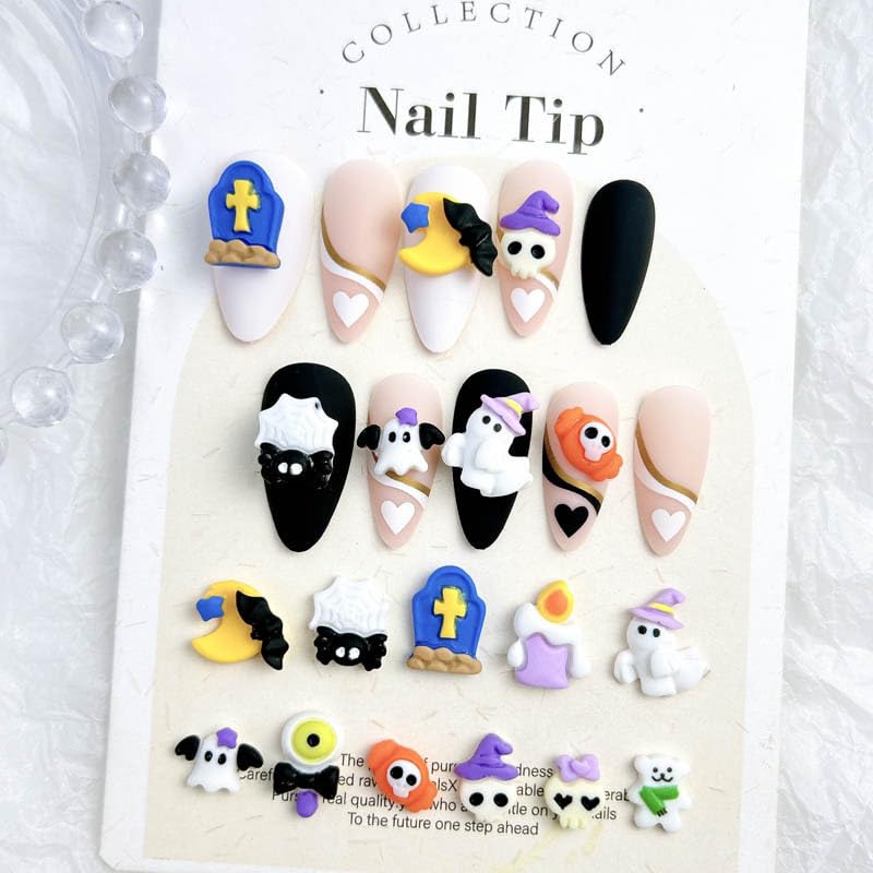 Halloween 3D Ghost Nail Charms Set with Pumpkin Skull Cats Bats Rhinestones - Cat Bats Variation