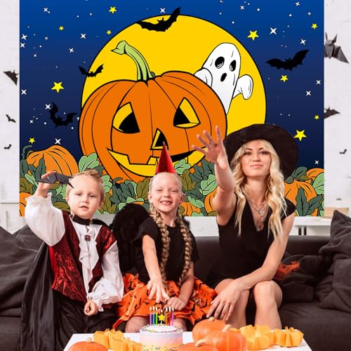 Halloween Pumpkin Field Photography Backdrop 8x6FT - Starry Sky Night Moon Ghost Scene - Baby Shower & Party Decorations - Variation of 96x72 Inches