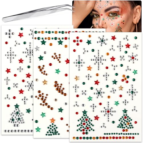 Christmas Face Gems with Snowflake, Tree & Elk Variations, Self-Adhesive Face Jewels for Makeup & Raves