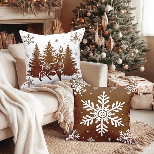 12x12 Brown Christmas Pillow Covers Set of 4 - Holiday Decorative Cushion Cases