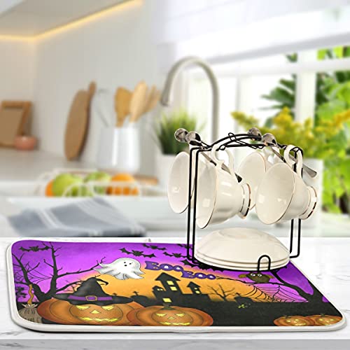 Halloween Pumpkin Ghost Reversible Microfiber Dish Drying Mat 16x18 Kitchen Counter Accessory