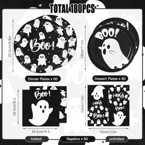 Ghost Halloween Party Supplies Set - Black Boo Variation, Paper Plates & Napkins, 180PCS