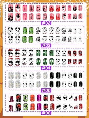 144 Pcs Halloween Kids Fake Nail Set with Ghost Skeleton Spider Pumpkin Designs