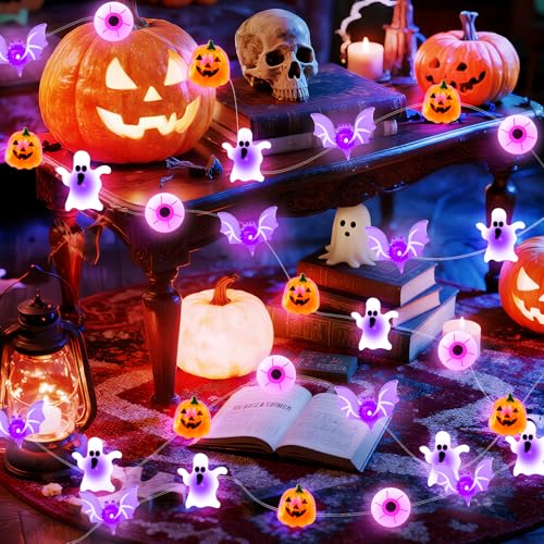 Halloween String Lights 16ft 50LED Pumpkin Bat Eyeball Ghost Waterproof USB & Battery Powered with Remote Control - 2 Pack