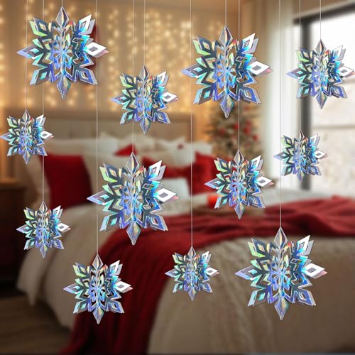12Pcs Iridescent Snowflake Ornaments for Christmas Tree Winter Decorations