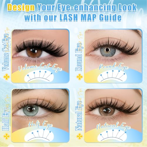 Eyelash Clusters Kit with Glue, Tweezers & Brush - Fox Eye & Manga Style DIY Lashes