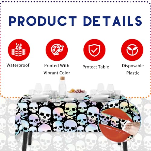 Halloween Skull Tablecloth Disposable 3 Pack - Iridescent 54 x 108 Inch Party Cover