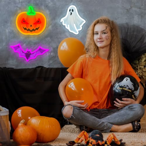 Halloween Neon Signs Set - Dimmable Pumpkin Ghost Bat LED Lights - Colorful Halloween 3pcs
