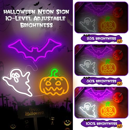 Halloween Neon Sign 3-Piece Set Dimmable Pumpkin Bat Ghost LED Decorations - Halloween3pcs