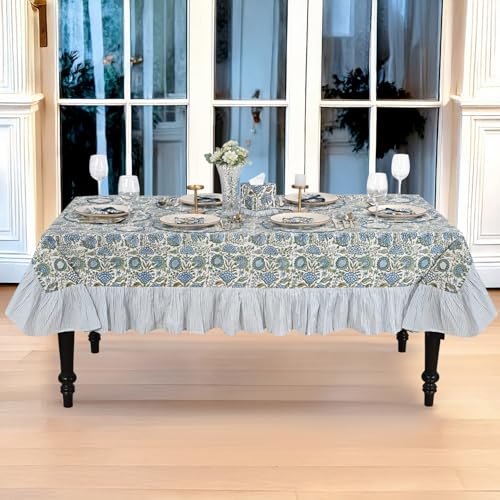 Asparagus Green Block Print Ruffle Rectangular Tablecloth 60x120 Inch - Handmade Cotton