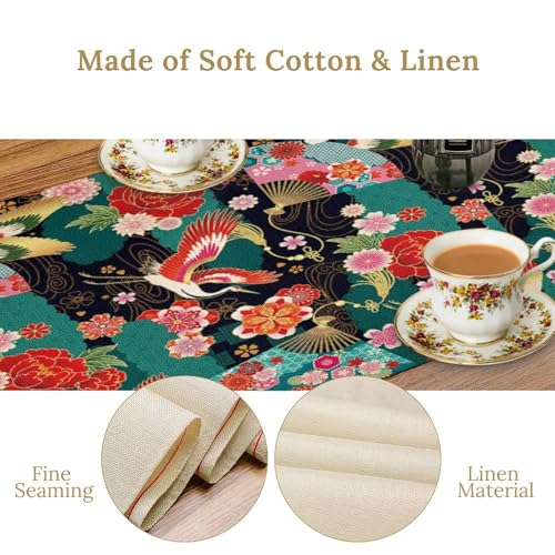 Japanese Crane Table Runner - Asian Vintage Red Faux Linen 13x108in - Variation W13"x L108" / Asian Red-8