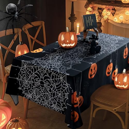 Rectangular Halloween Tablecloth 60x84 Inch Waterproof Pumpkin & Spider Web Design - Washable Party Decor