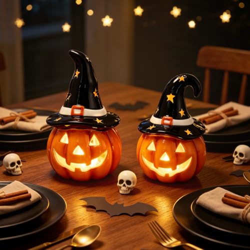 Halloween Pumpkin Lights Set of 2 Ceramic Jack O Lantern Lamps Indoor Decor