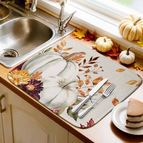 Fall Dish Drying Mat White Pumpkin Red Orange 18x24 Inch Thanksgiving Kitchen Decor