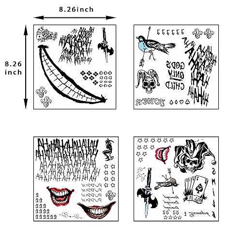 Halloween Joker Temporary Tattoos Sticker Set - Black, 4 Sheets for Men & Women