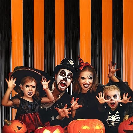Black and Orange Foil Fringe Curtains for Halloween Party Decor - 2pcs