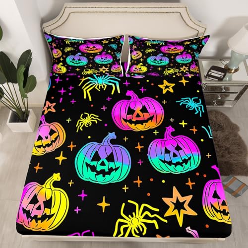 Rainbow Pumpkin Halloween Lantern Fitted Sheet Queen Size - Spiderwebs Glitter Stars Galaxy Bedding Set with Variation Multi 10