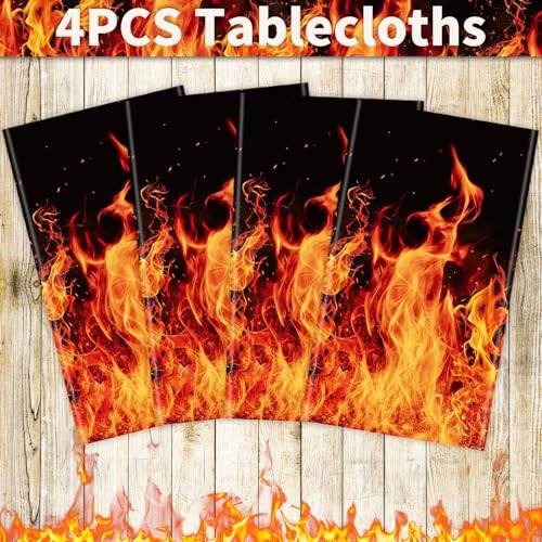 4 Pack Fire Tablecloths - Flame Design Party Decorations, 51 x 86 Inches - Variation of 4