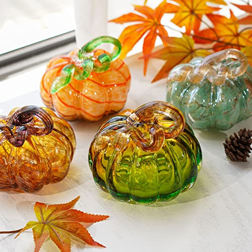 QFkris 5 Inch Hand Blown Glass Pumpkin Figurine - Olive Green Fall Decor