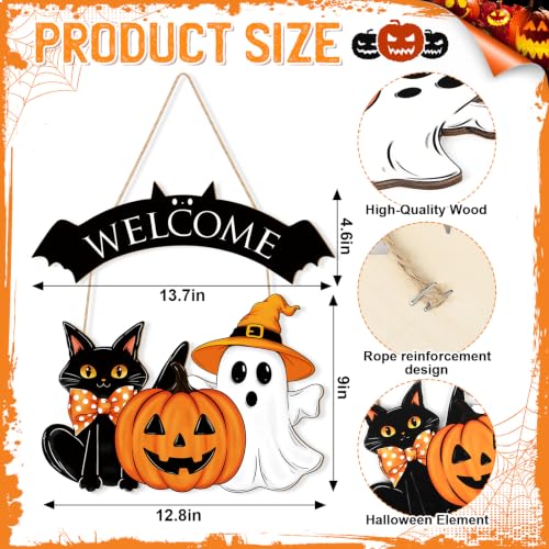 Large Wooden Halloween Ghost Door Wreath - Black & Pumpkin Decor for Front Door
