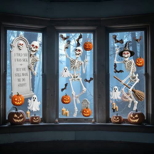 Halloween Window Clings - Extra Large Skeleton Decals for Indoor & Outdoor Glass, Reusable Party Decorations