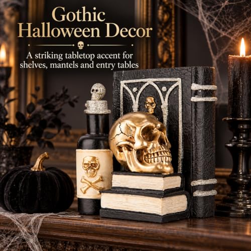 Gothic Gold Skull Book Decor - Halloween Skull Statue, Tabletop Figurine
