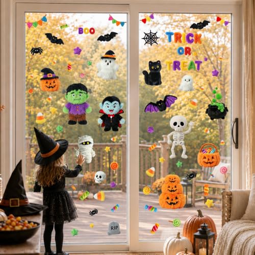 Plush Style Halloween Window Clings - 8 Sheets Spooky Cute Decals for Home & Office Decor