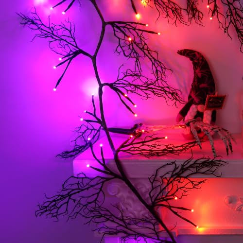 9Ft Lighted Halloween Garland Set C with 66 LED Orange & Purple Lights, 8 Modes & Timer