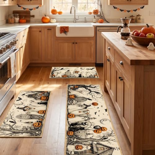 Halloween Kitchen Rug Set of 3 Spooky Ghost Dog Fall Decor Non-Slip Mats