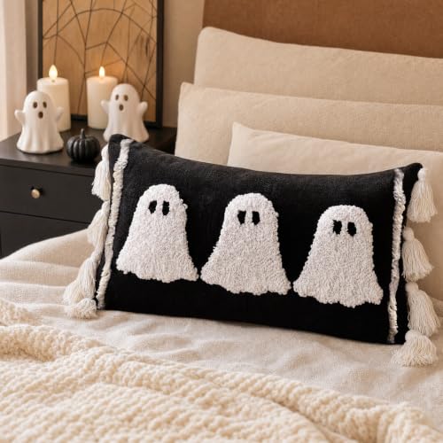 Halloween Ghost Lumbar Pillow Covers Set - Black & White Cotton Linen 15x20