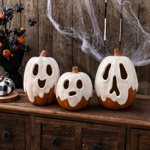 Medium Ghost Pumpkin Halloween Decor with Flameless Candle - Indoor Outdoor Centerpiece