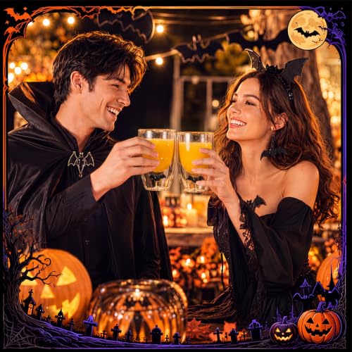 Qinyoung 2 Pcs Halloween Bat Wine Glass Set - Double Wall Stemless Drinkware - Bat Variation