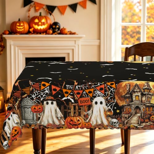 Halloween Rectangular Tablecloth 60x102 Inch Ghost Bat Pumpkin Castle - Ghost/102"x60" Variation