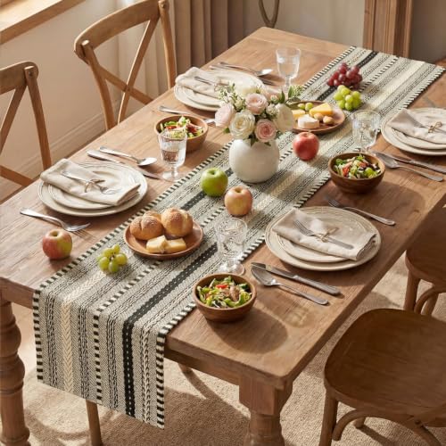 Farmhouse Style Black Stripe Braided Table Runner 12x36 Inch - Cotton & Polyester