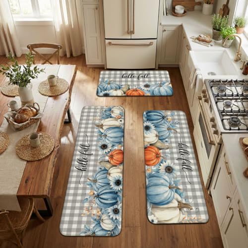 Fall Blue Pumpkin Kitchen Rugs Runner Set of 3 - 1.5x2.5 ft, Non-Slip Fall Decor