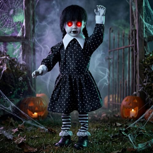 Sound-Activated Halloween Animatronic School Girl Decor - Creepy Ghost Doll with Glowing Eyes