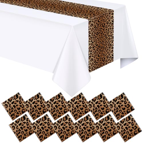 Leopard Print Table Runner Set - 12 Waterproof Plastic 14x108 Inches - Jungle Safari Party Decor