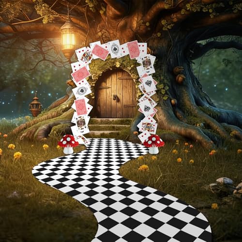 Wonderland Tea Party Decoration Set with Poker Cards, Checkered Runner & Mushrooms