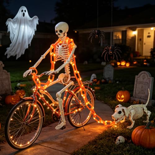 Outdoor Halloween Skeleton & Dog Skeleton with Glowing Chain - Weatherproof Decor