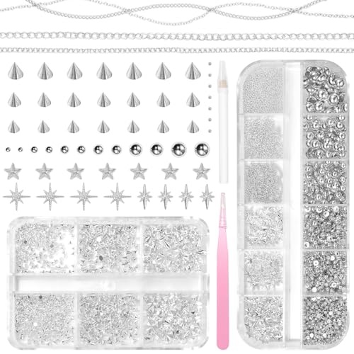 Silver Gothic Nail Studs & Pearl Set with Chain Cone Rivets - S2 Silver Pearls