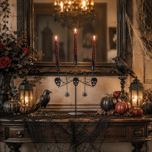 Halloween Skull Candle Holder - Gothic 3-Arm Black Metal Taper Candlestick for Indoor Decor